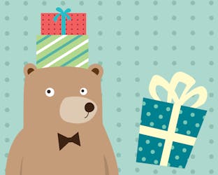 Bear holding presents on his head
