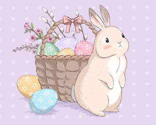 Cute rabbit sitting with basket full of Easter eggs