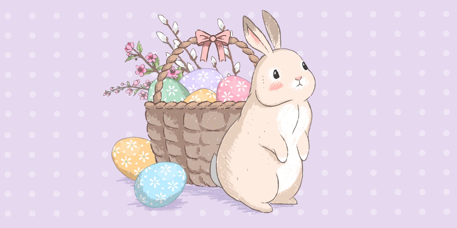 Cute rabbit sitting with basket full of Easter eggs